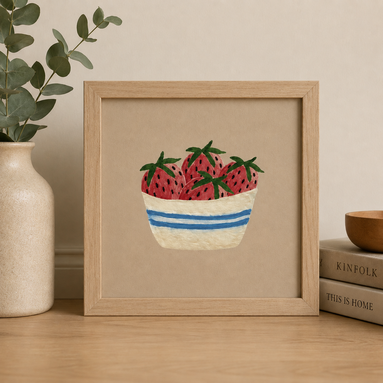 Framed Original Watercolor Bowl of Strawberries Painting, 4x4
