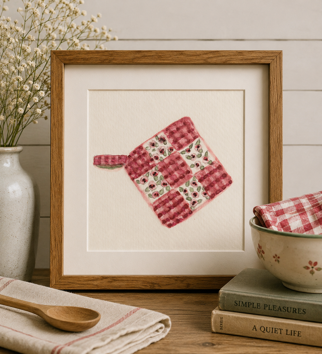 Simple Joys Quilted Potholder Watercolor Stationery Gift Set|
Art Print, Notepad, Bookmark, Note Cards & Mini Cards