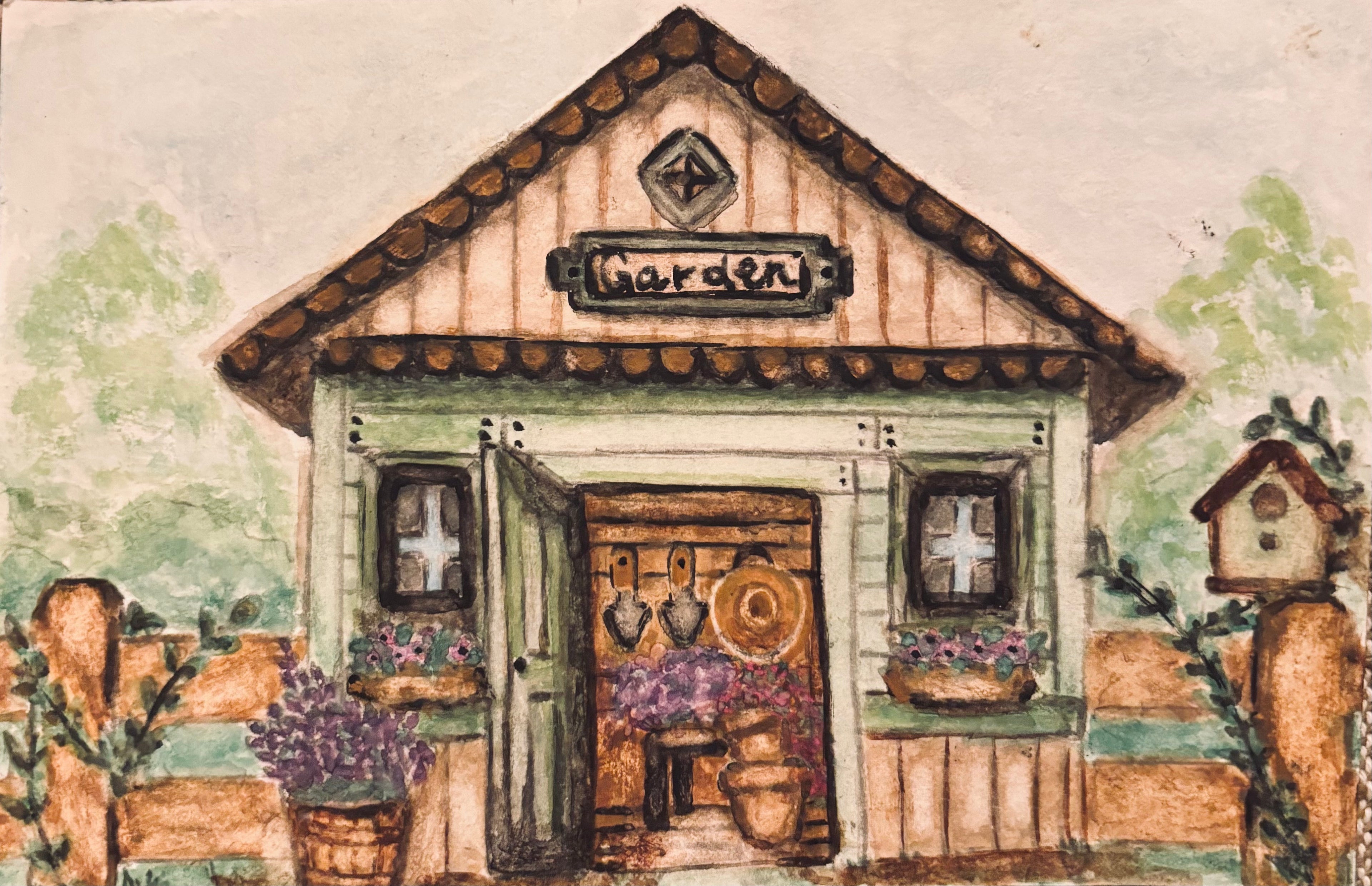 Framed Original Watercolor Garden Shed Painting, 4x6