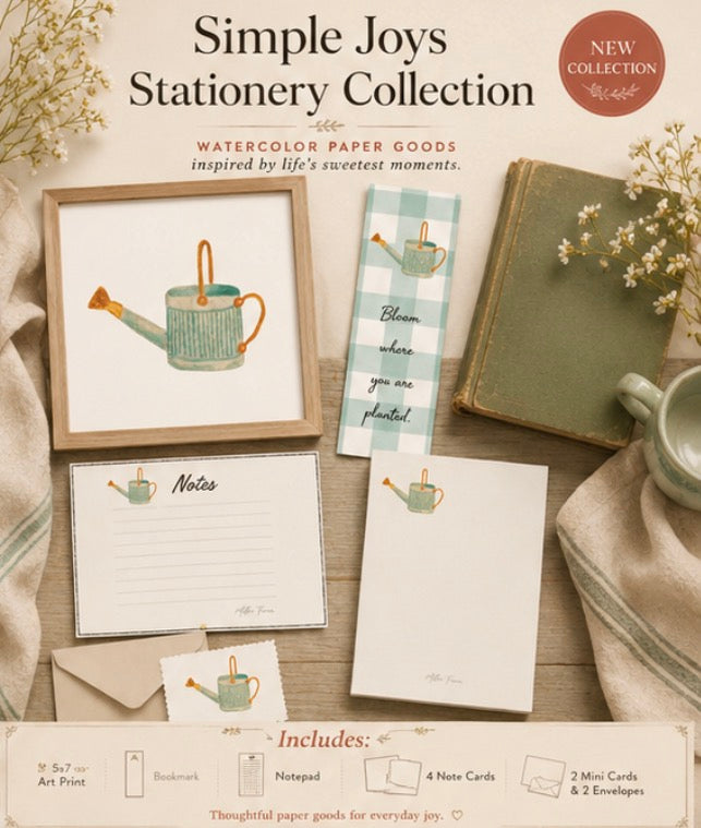 Simple Joys Watering Can Watercolor Stationery Gift Set
Art Print, Notepad, Bookmark, Note Cards & Mini Cards