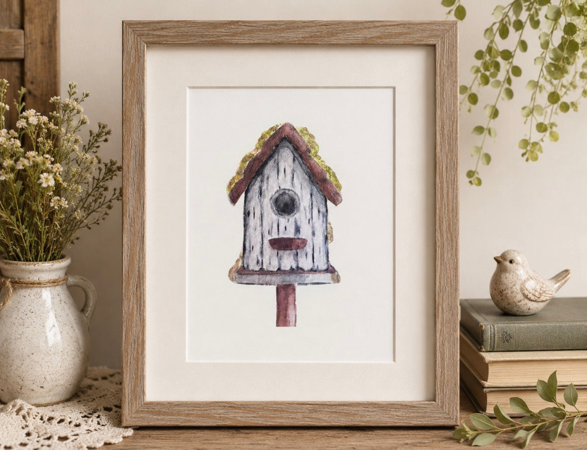Framed Original Watercolor Bird House Painting, 4x4, 5x7