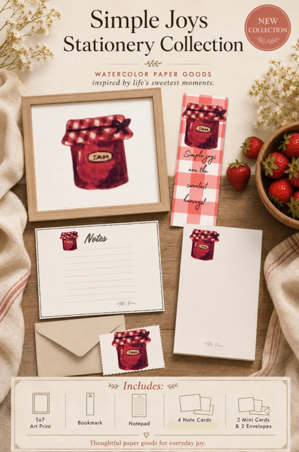 Simple Joys strawberry Jam Watercolor Stationery Gift Set Art Print, Notepad, Bookmark, Note Cards & Mini Cards
