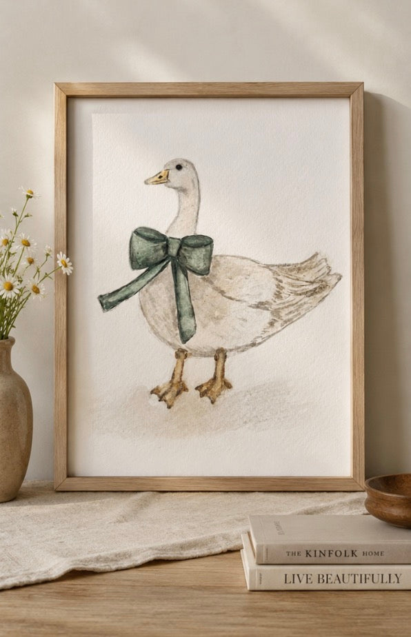 Framed Duck with Bow Watercolor Art Print, 8" x 10"
