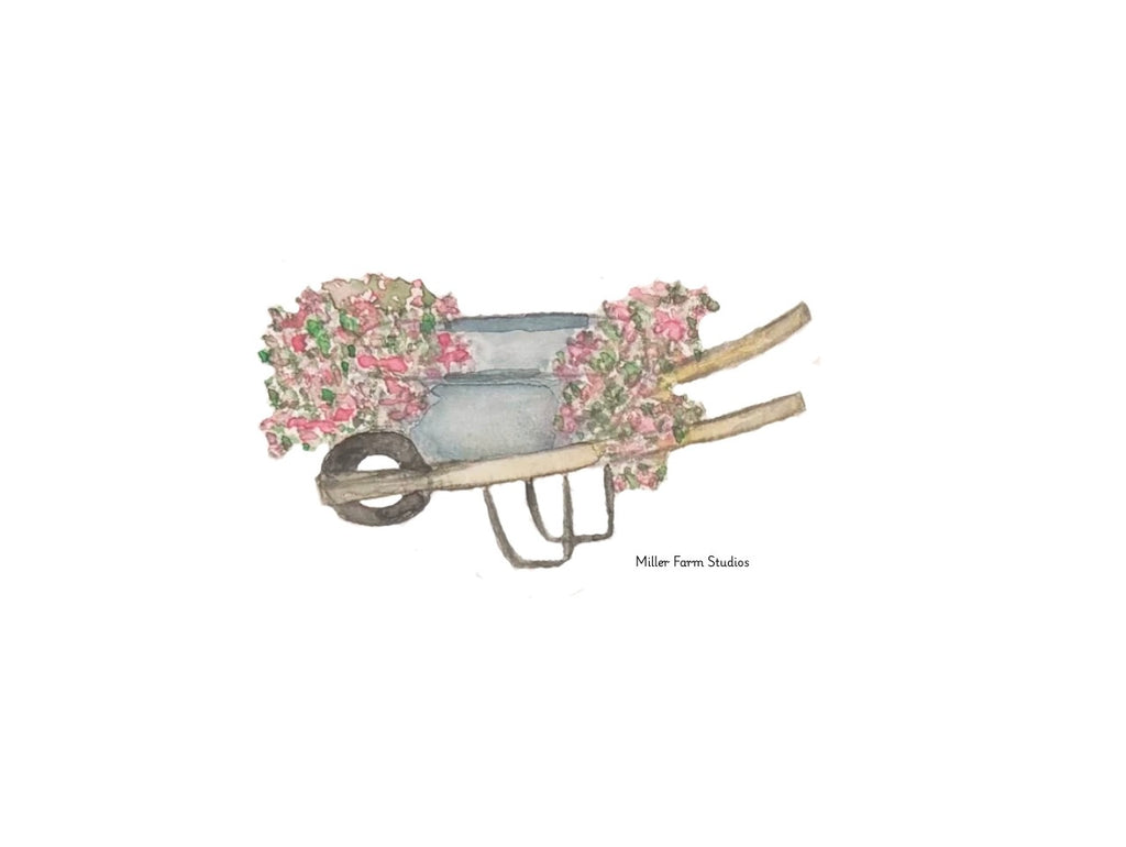 Simple Joys wheel barrel of flowers Watercolor Stationery Gift Set Art Print, Notepad, Bookmark, Note Cards & Mini Cards