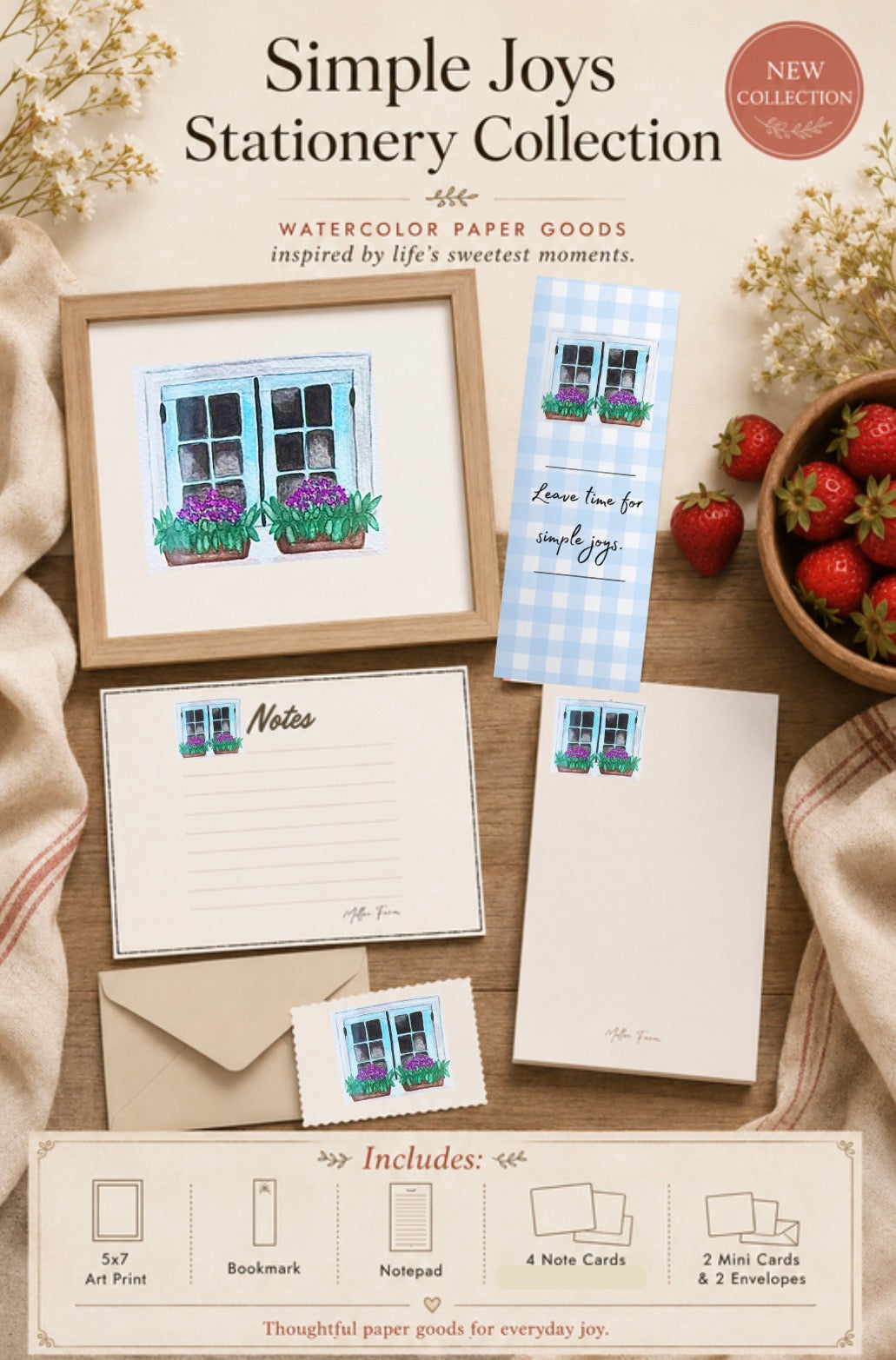 Simple Joys Watercolor Stationery Gift Set | Art Print, Notepad, Bookmark & Cards