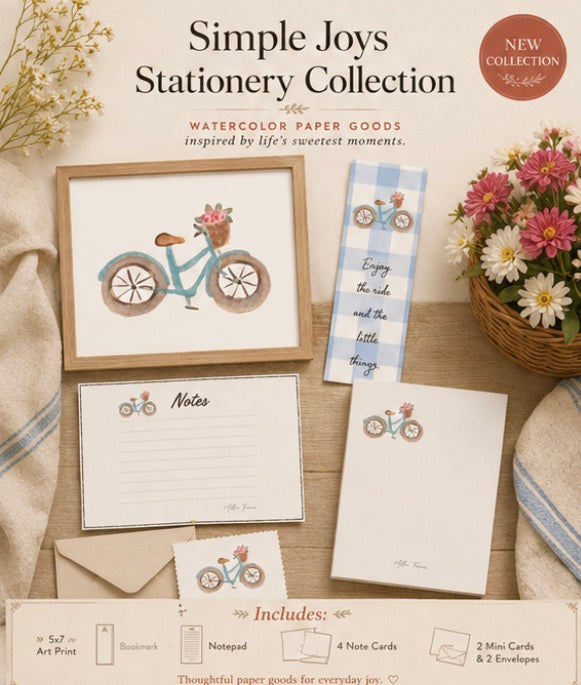 Simple Joys Bike Watercolor Stationery Gift Set|
Art Print, Notepad, Bookmark, Note Cards & Mini Cards