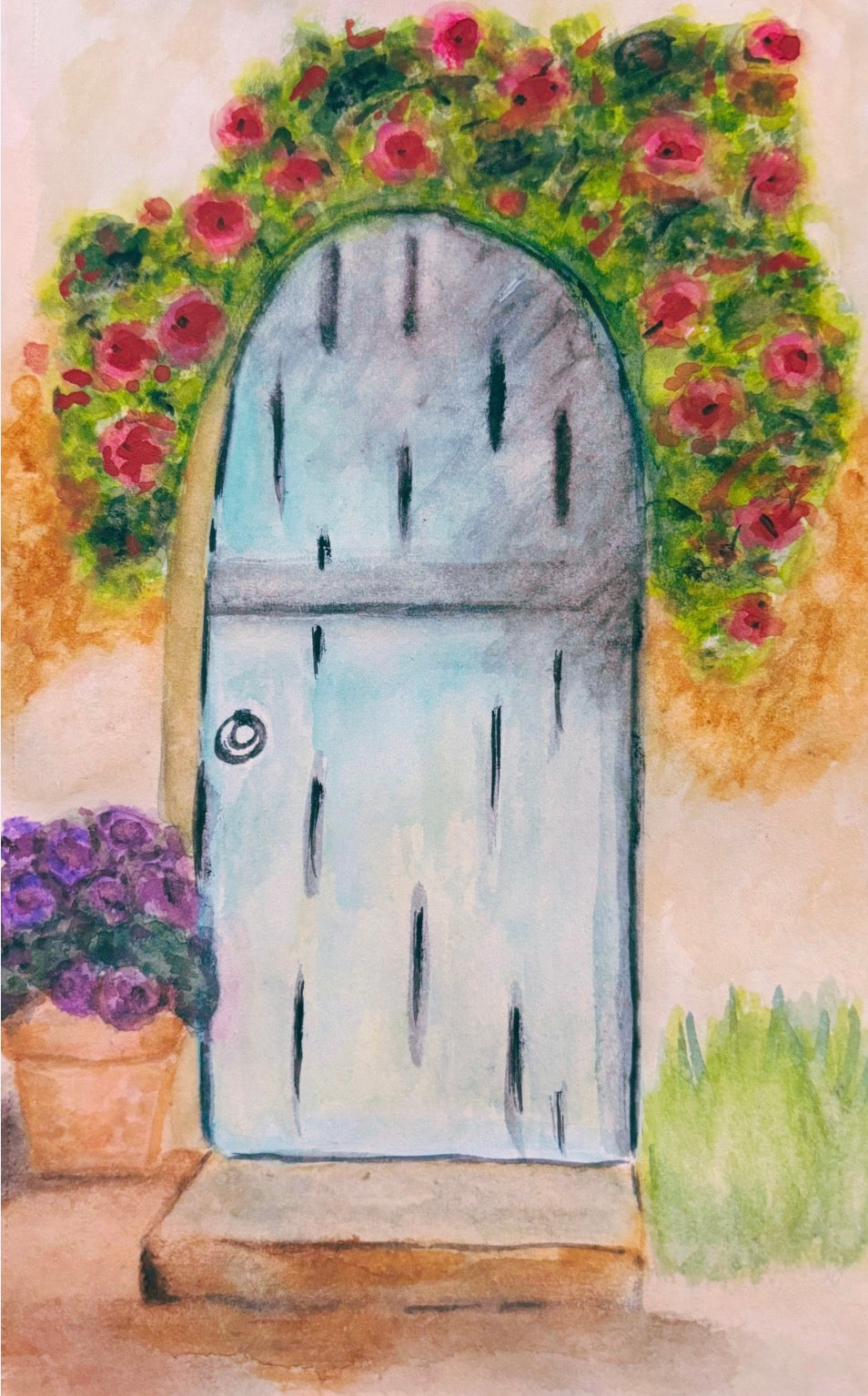 Original Watercolor The Blue Garden Door Painting