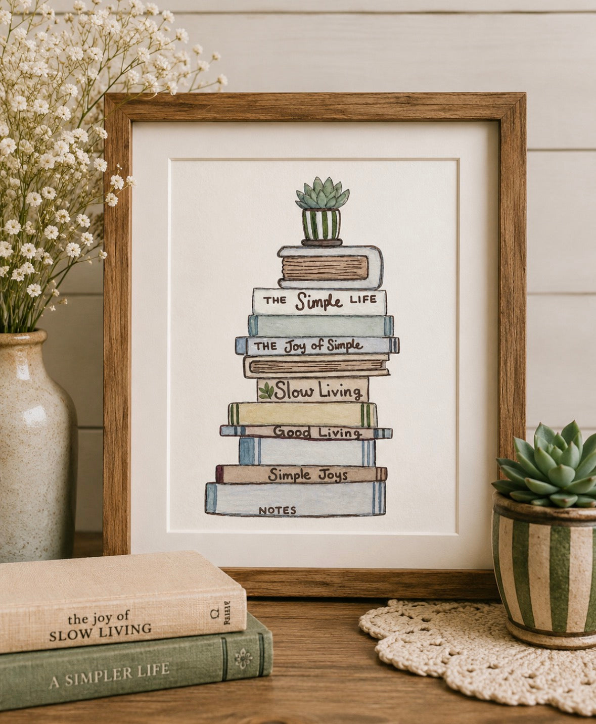 Framed Stack of Books Watercolor 4 x 6 Art Print
