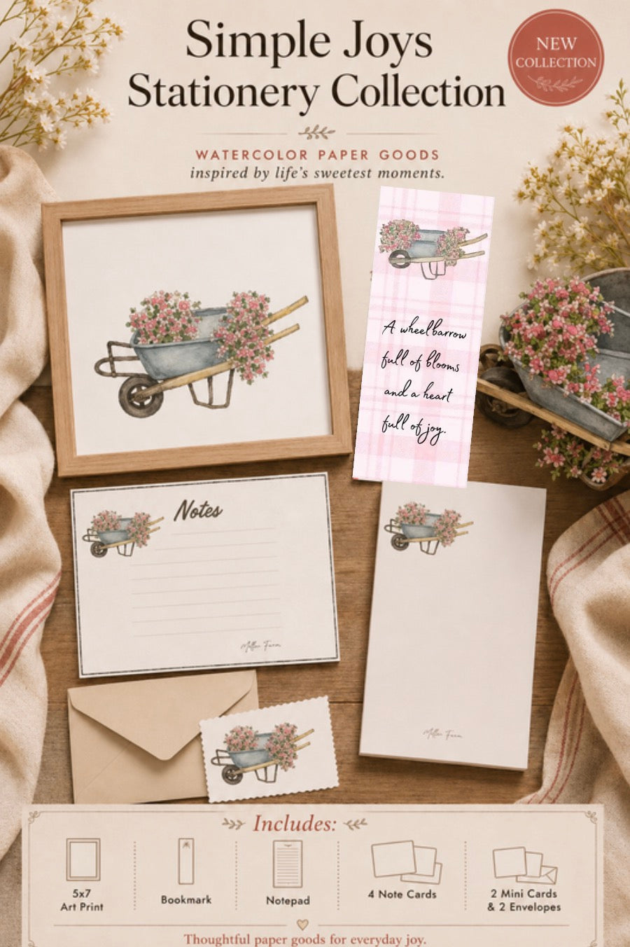 Simple Joys wheel barrel of flowers Watercolor Stationery Gift Set Art Print, Notepad, Bookmark, Note Cards & Mini Cards