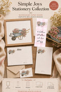 Simple Joys wheel barrel of flowers Watercolor Stationery Gift Set Art Print, Notepad, Bookmark, Note Cards & Mini Cards