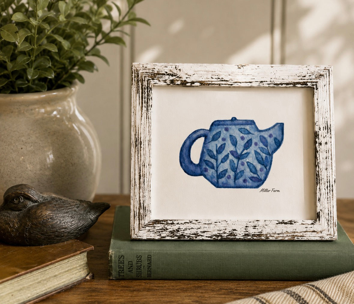 Framed Original Watercolor Blue Teapot Painting, 4x6