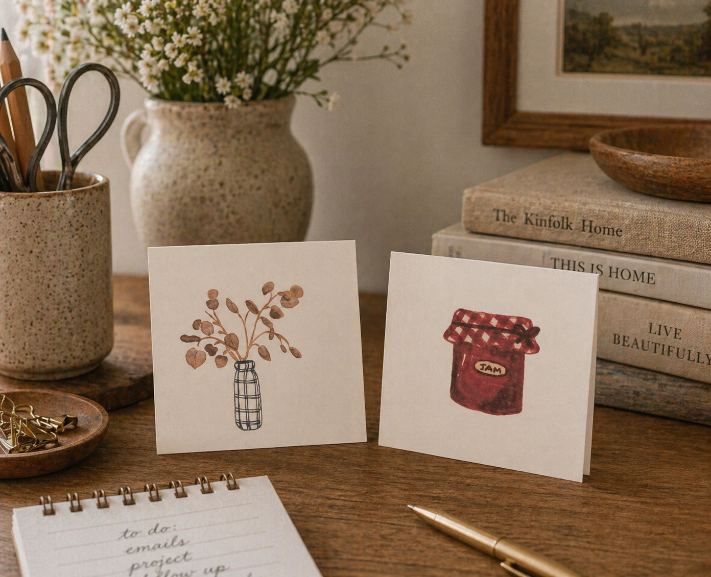 Watercolor Mini Greeting Cards ( Plant in Vase + Jam )- Farmhouse greeting cards