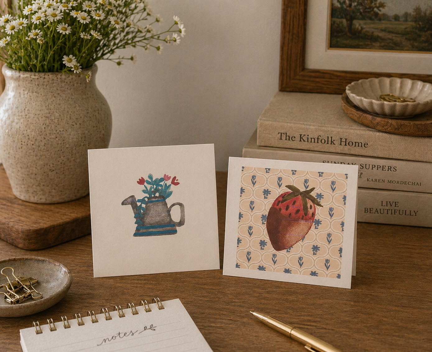 Watercolor Mini Greeting Cards ( Water Can + Chocolate Covered Strawberry )- Farmhouse mini greeting cards