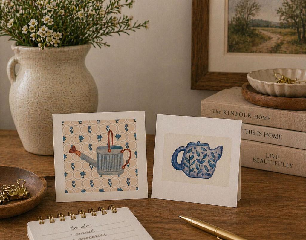 Watercolor Mini Greeting Cards ( Teapot + Watering can)- Farmhouse greeting cards