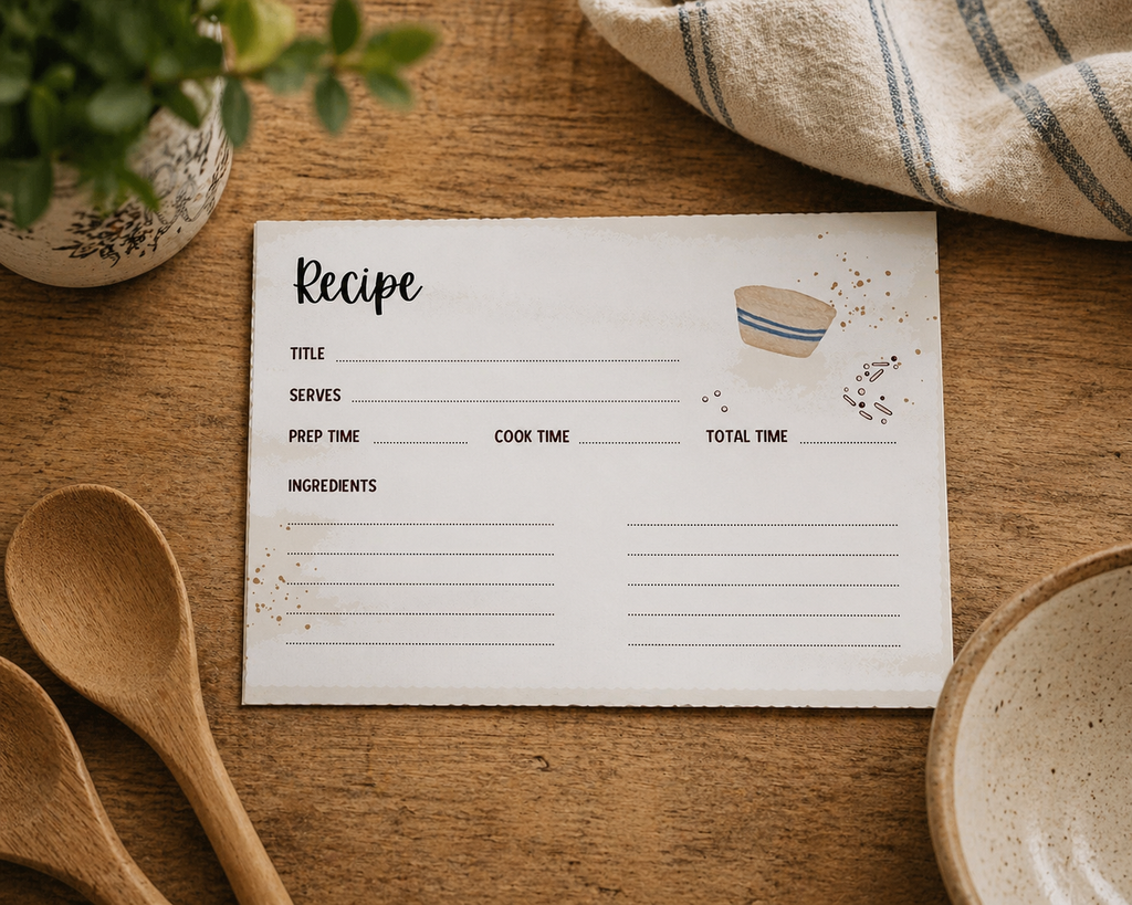 Watercolor Slow Living Recipe Cards- farmhouse lined recipe cards