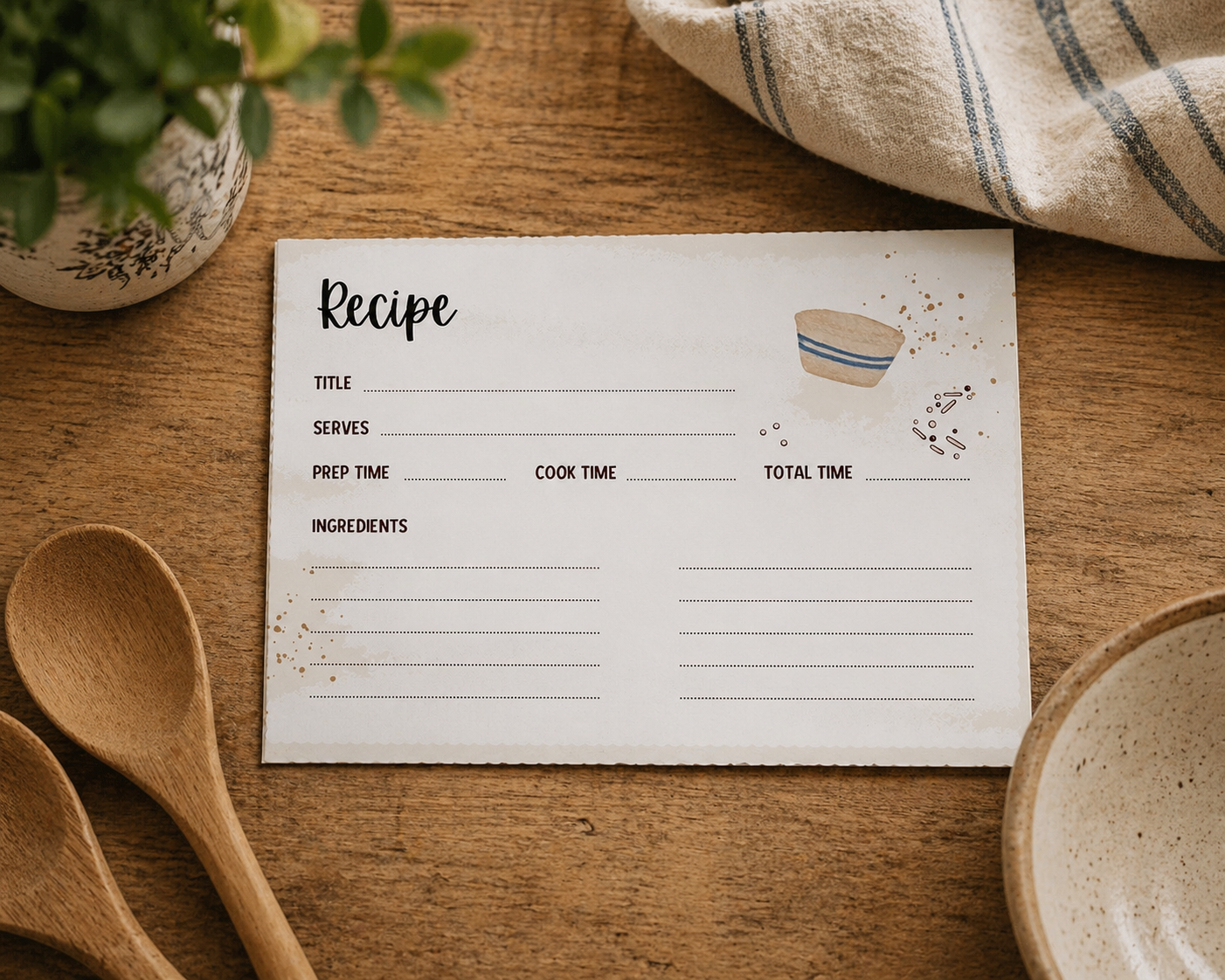 Watercolor Slow Living Recipe Cards- farmhouse lined recipe cards