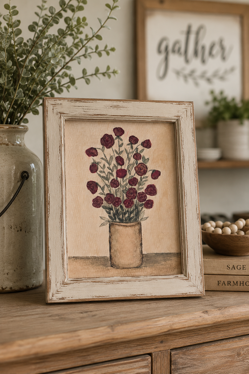 Framed Roses in Bloom Watercolor Art Print 4x6