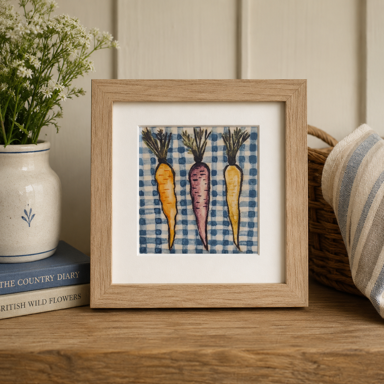 Framed Original Watercolor Carrots Painting, 4x4