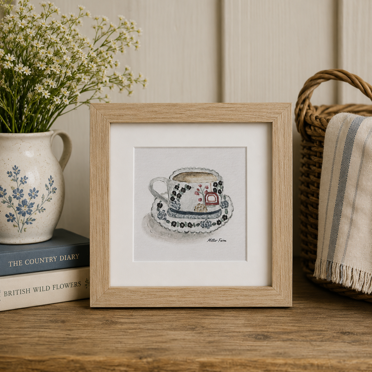 Framed Original Watercolor Tea Cup Painting, 4x4