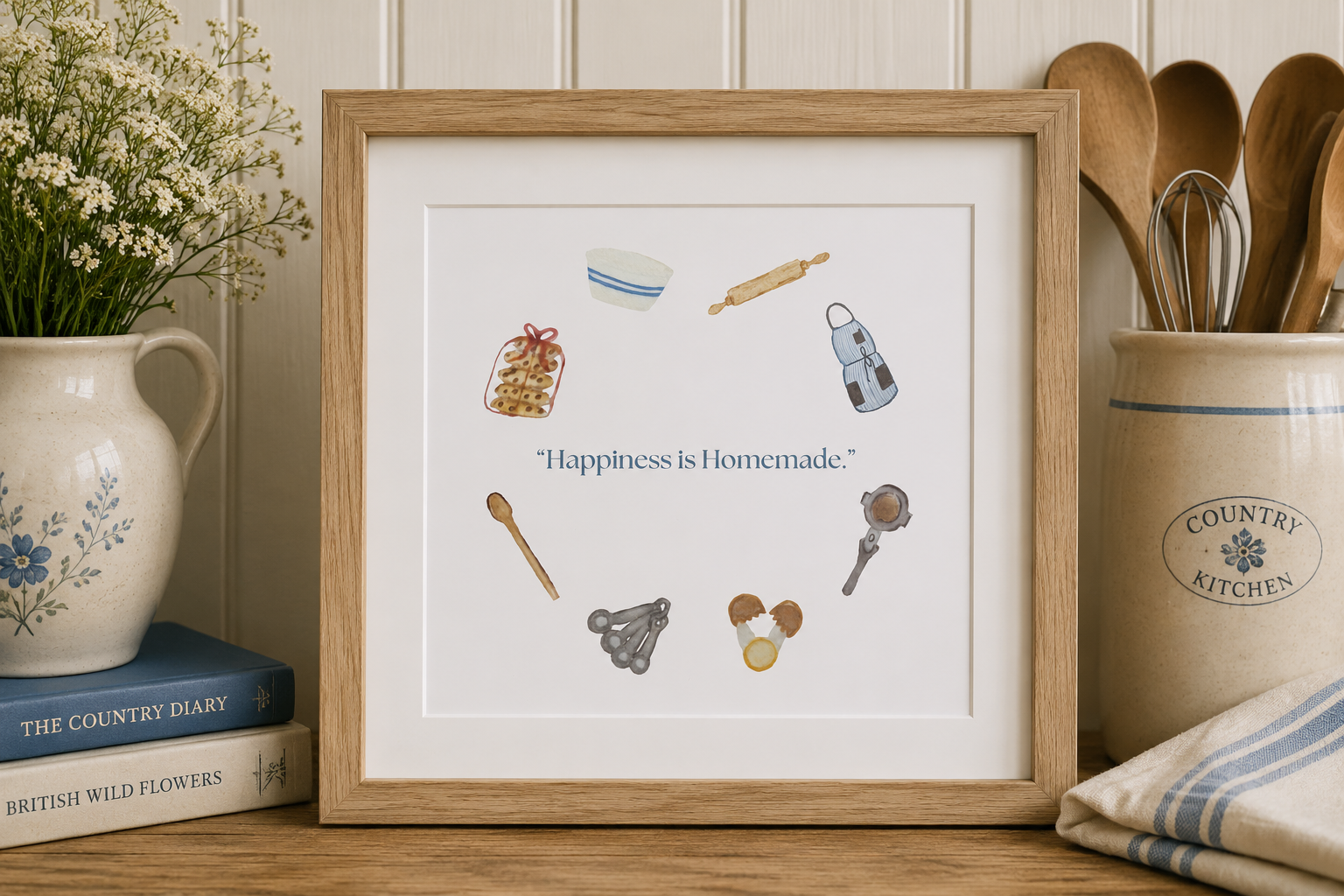 Framed Original Watercolor Happiness is Homemade Painting, 4x4