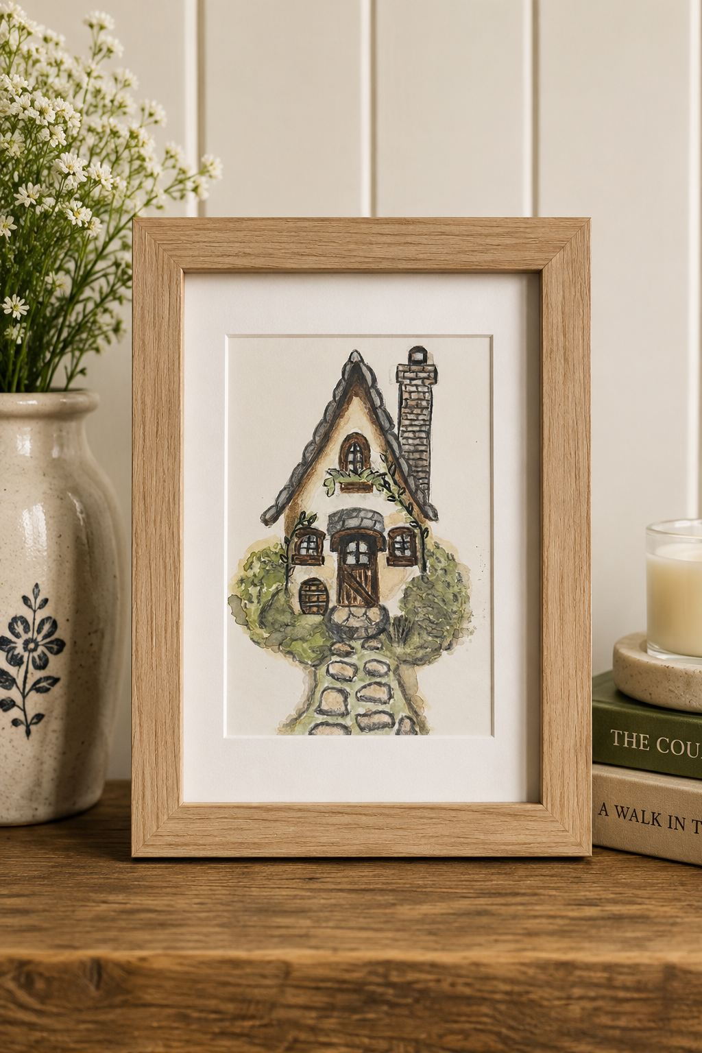 Framed Cottage Watercolor Painting, 4 x 6