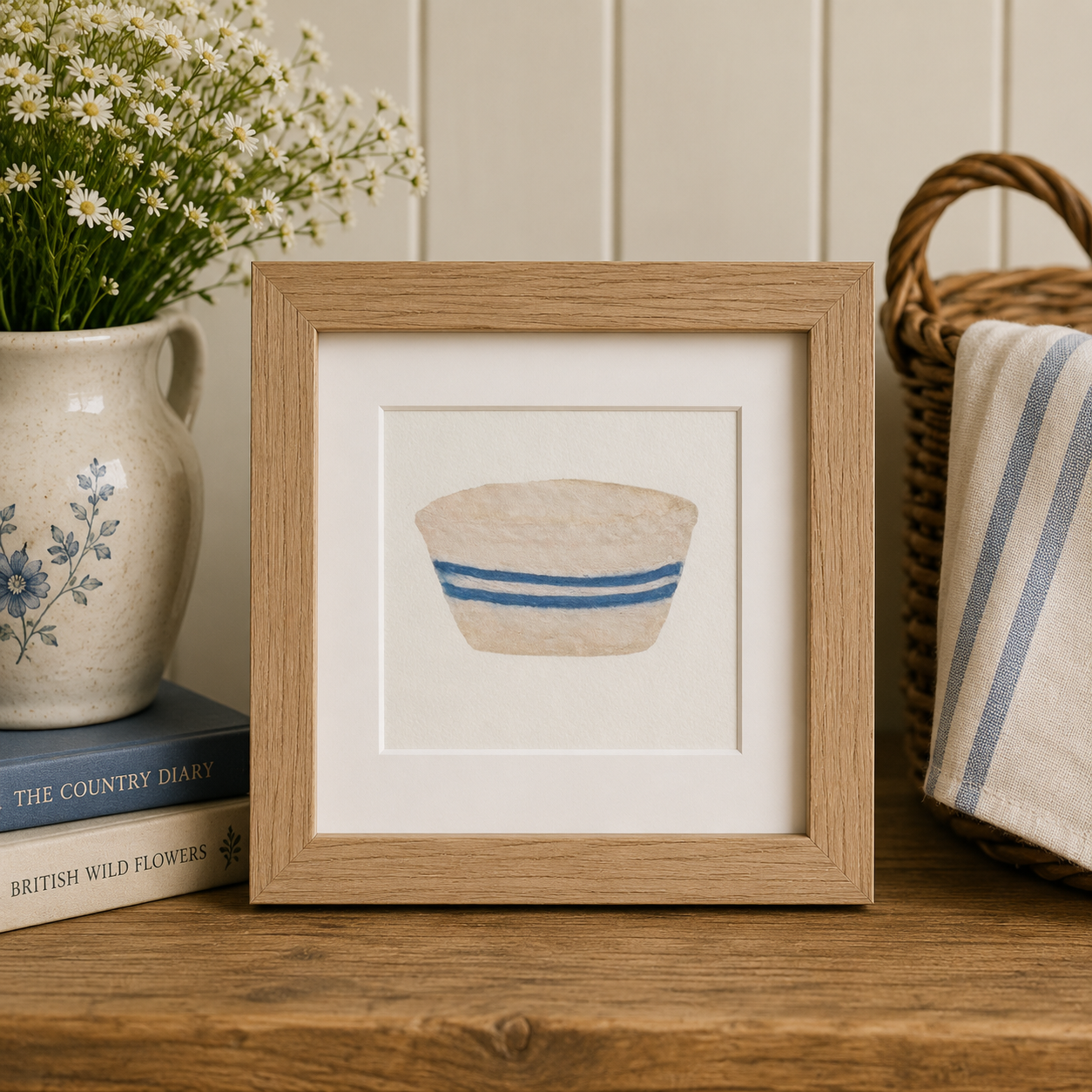 Framed Original Watercolor Striped Bowl Artwork 4 x 4