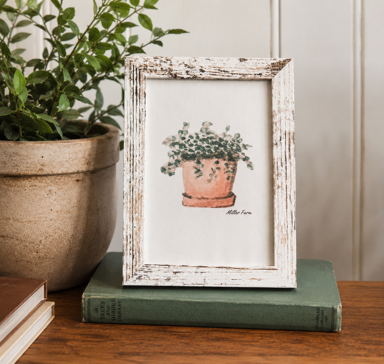 Framed Original Watercolor Potted Plant Painting, 4x6