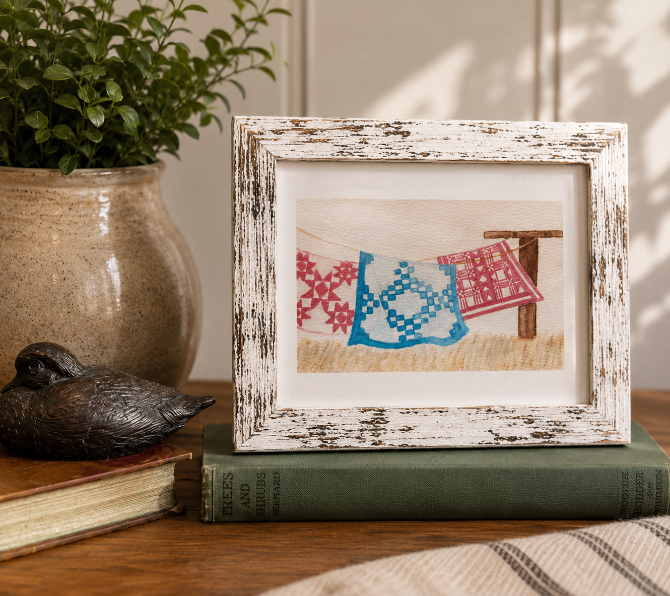 Framed Original Watercolor Clothes Line Painting, 4x6