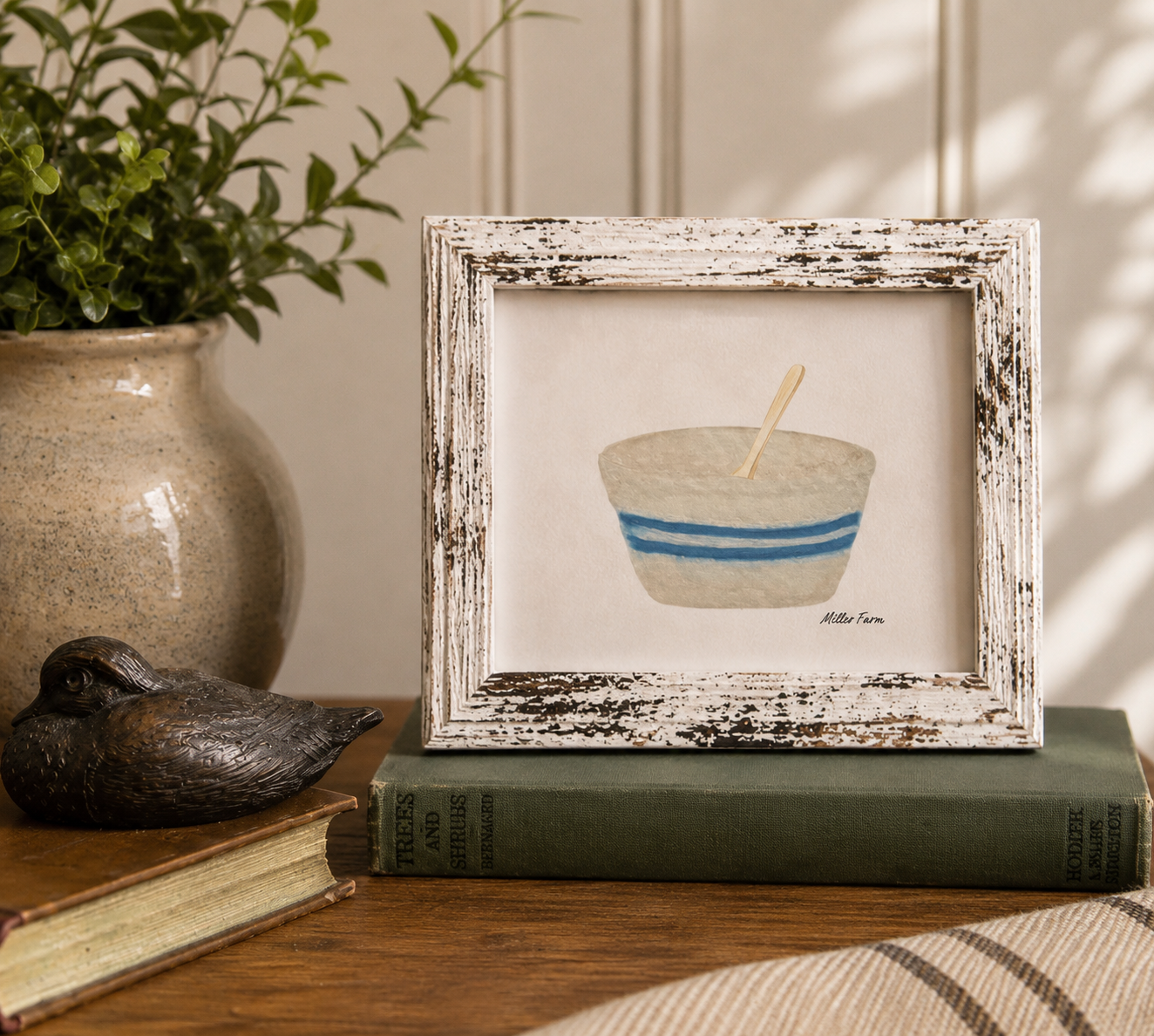 Framed Original Watercolor Blue Striped Bowl Painting, 4x6