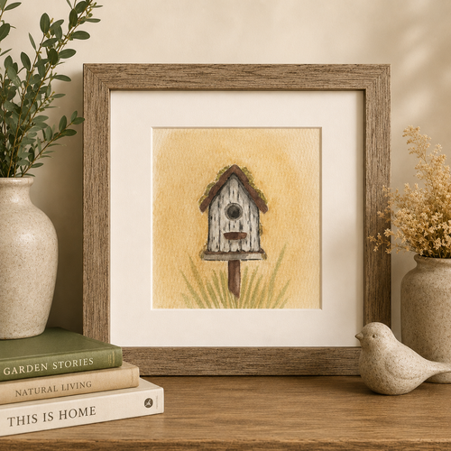 Framed Original Watercolor Bird House Painting, 4x4, 5x7