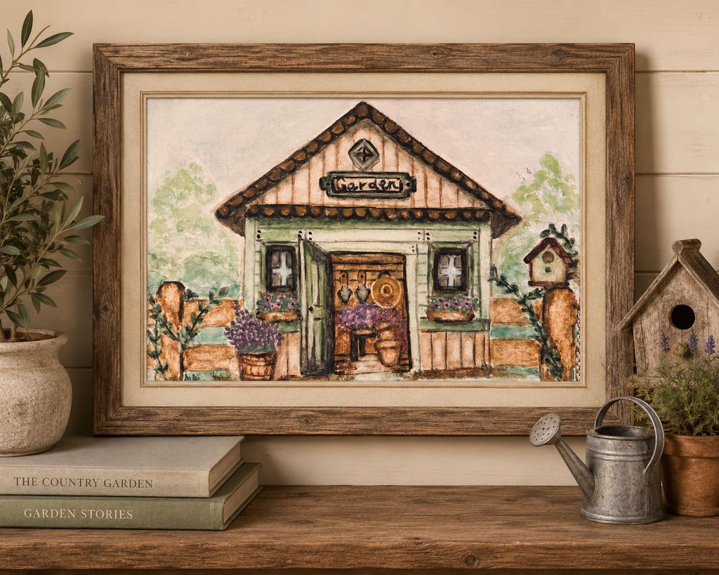 Framed Original Watercolor Garden Shed Painting, 4x6