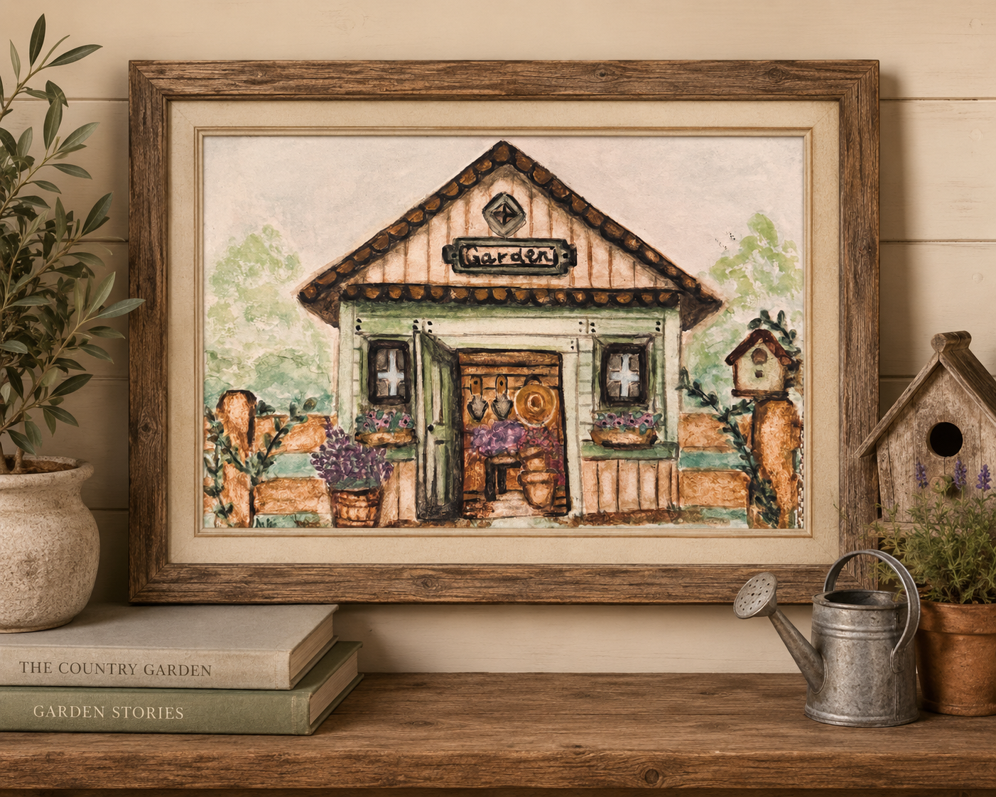 Framed Original Watercolor Garden Shed Painting, 4x6