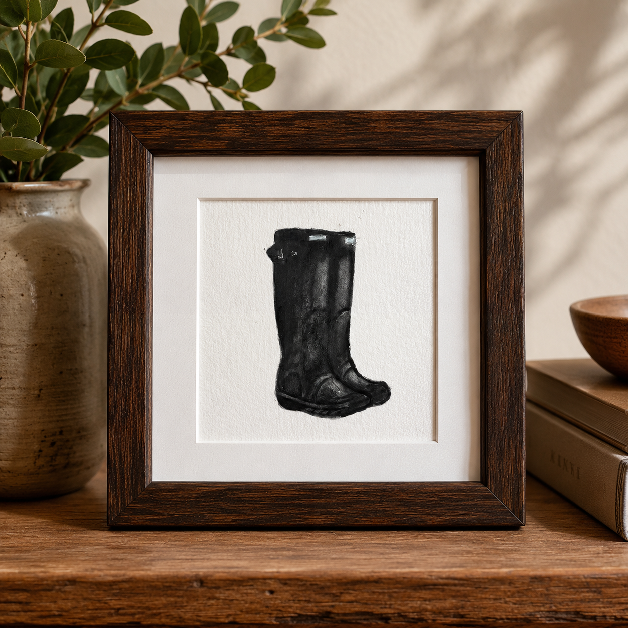 Framed Original Watercolor Black Rain Boots Artwork 4 x 4