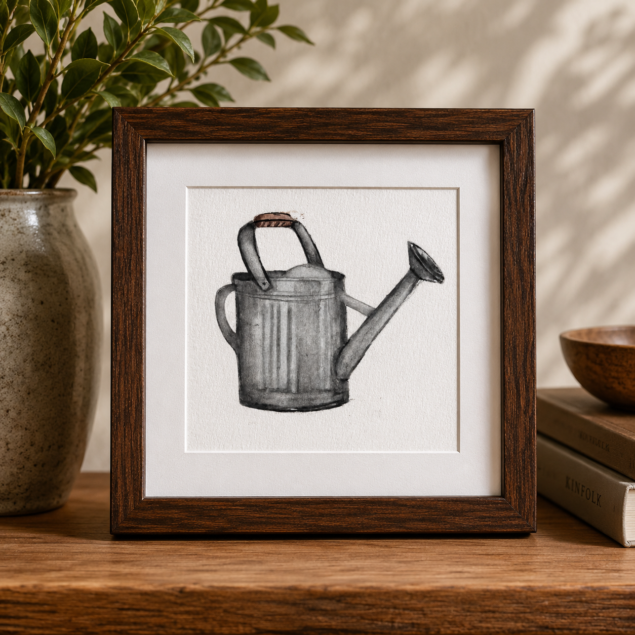 Framed Original Gray Garden Watering Can Artwork 4 x 4