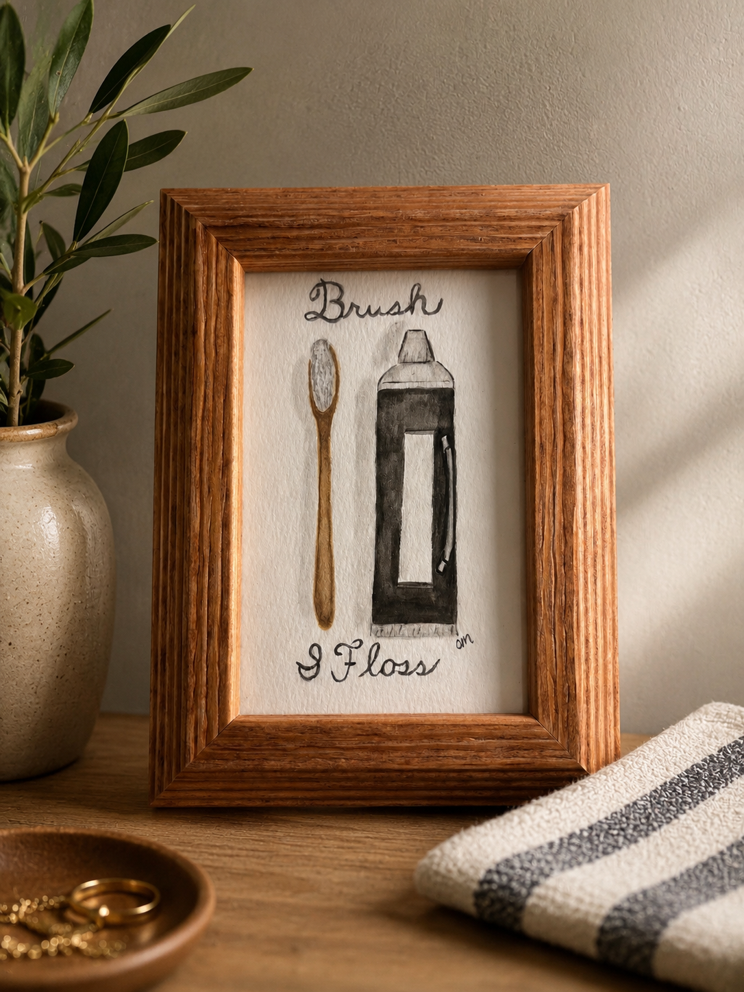 Framed Original Watercolor Brush & Floss Painting, 4x6