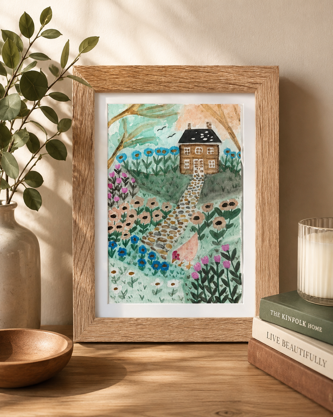 Framed Original Watercolor cottage Garden Painting, 4x6