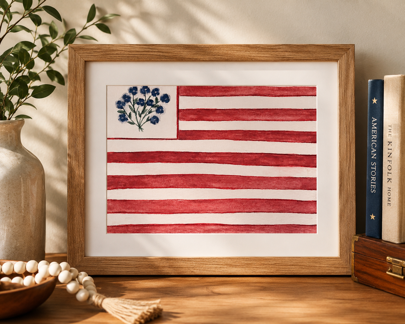 Framed Original Watercolor Floral American Flag Painting, 4x6