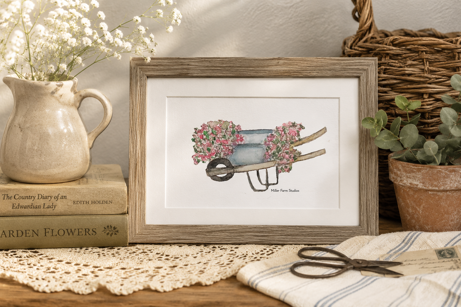 Framed Blue Wheel Barrel with flowers Watercolor Painting, 4 x 6