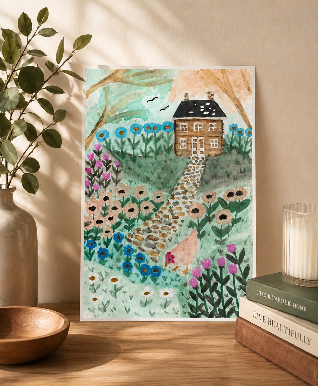 Framed Original Watercolor cottage Garden Painting, 4x6