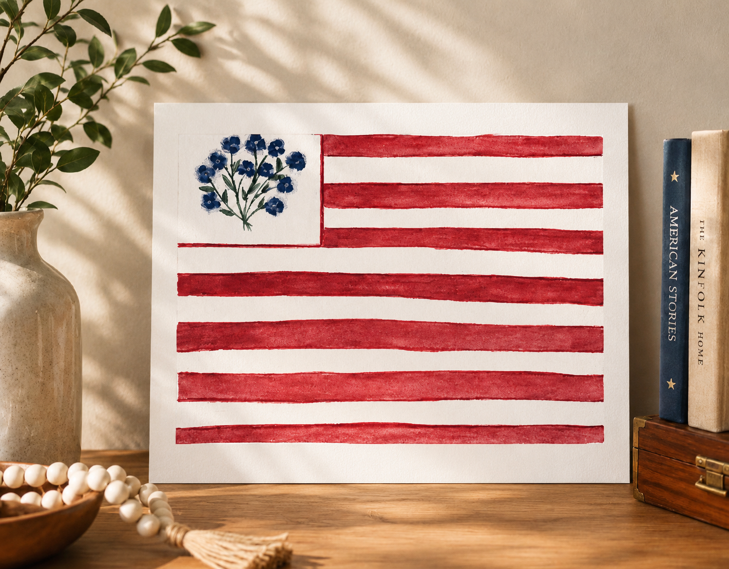 Framed Original Watercolor Floral American Flag Painting, 4x6