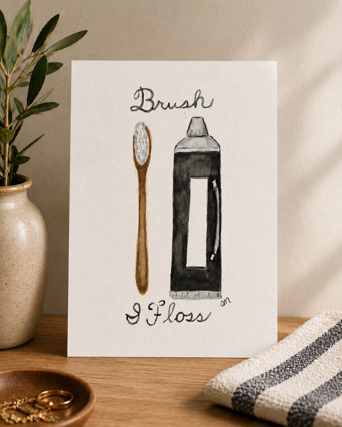Framed Original Watercolor Brush & Floss Painting, 4x6
