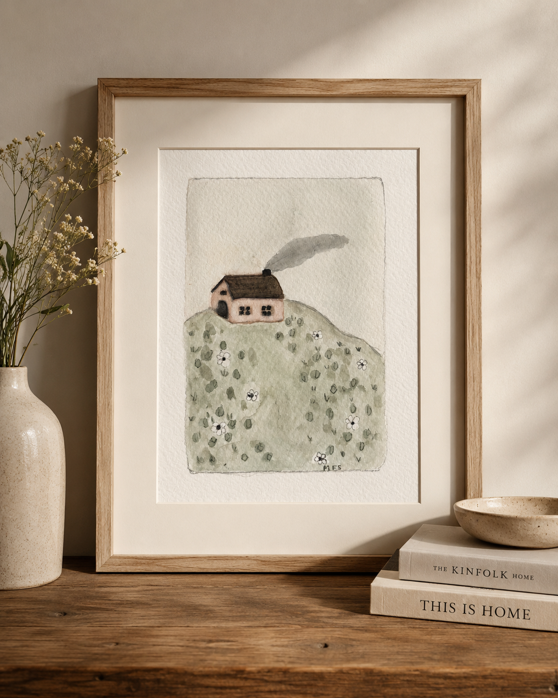Framed Original Watercolor cottage on a hill Painting, 4x6