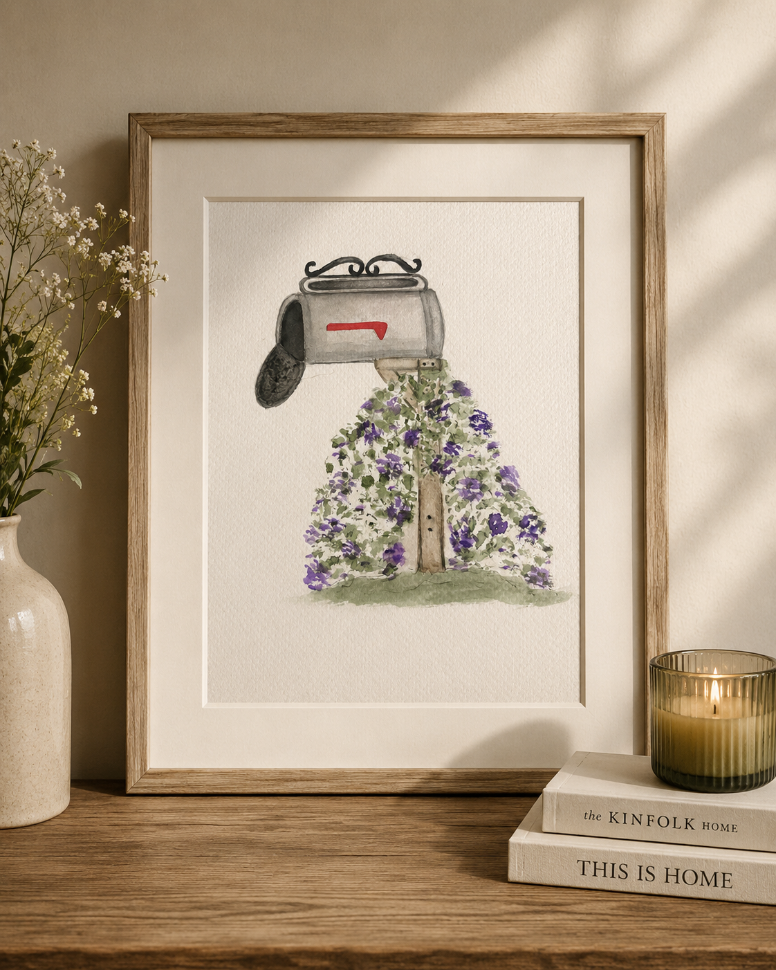 Framed Original Watercolor Mailbox with Flowers Painting, 4x6