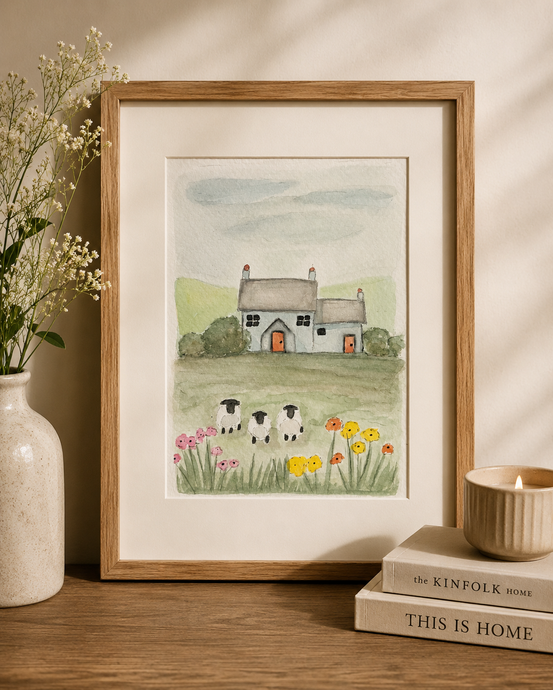 Framed Original Watercolor Blue Cottage with Sheep Painting, 4x6
