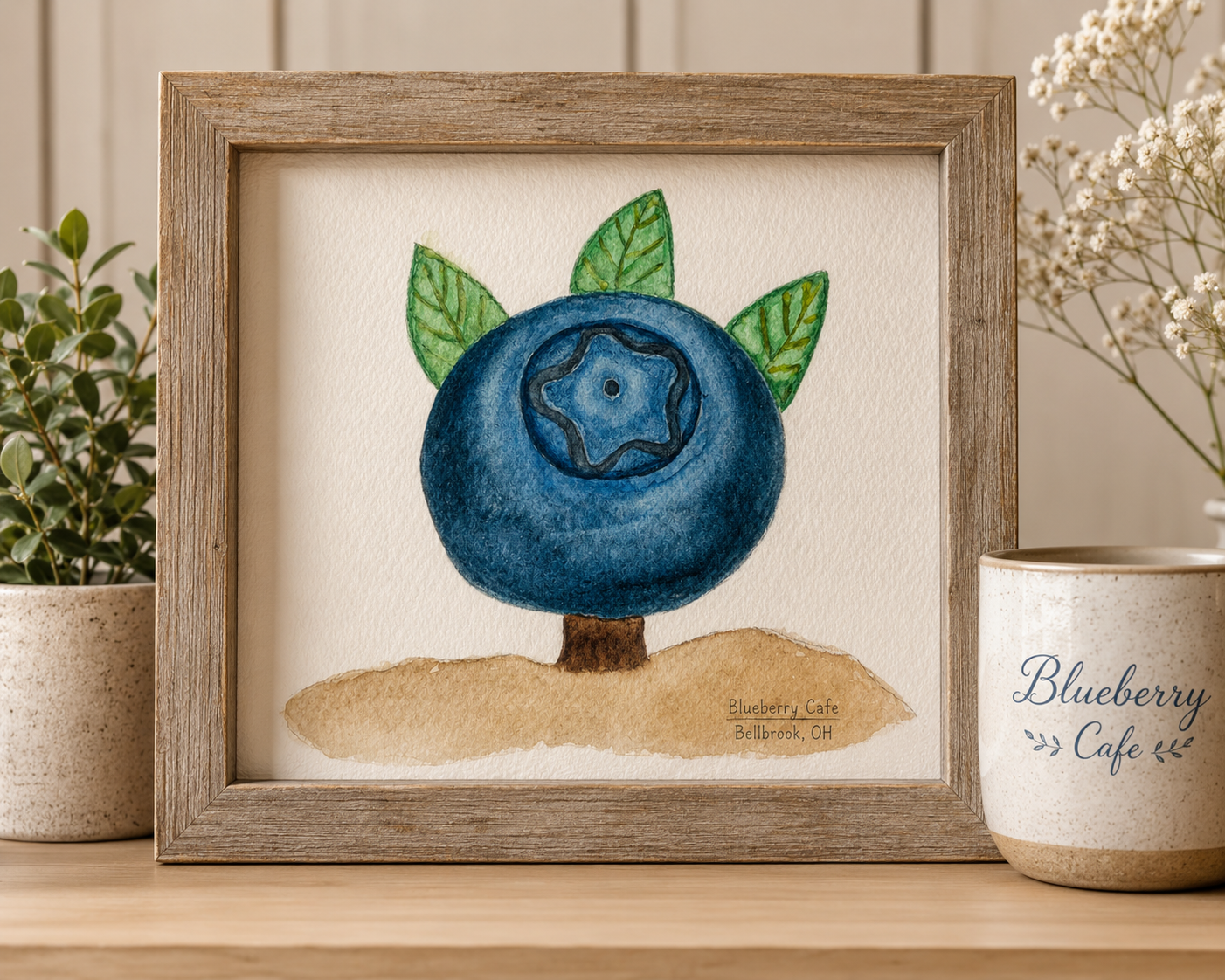 Framed Blueberry Cafe Watercolor 4 x 6 Art Print