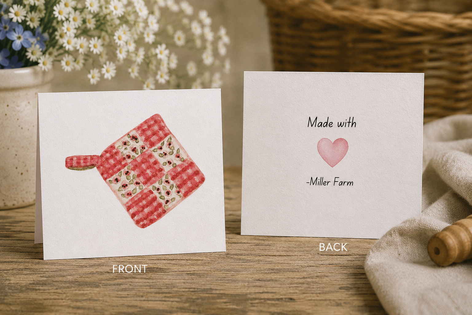 Simple Joys Quilted Potholder Watercolor Stationery Gift Set|
Art Print, Notepad, Bookmark, Note Cards & Mini Cards