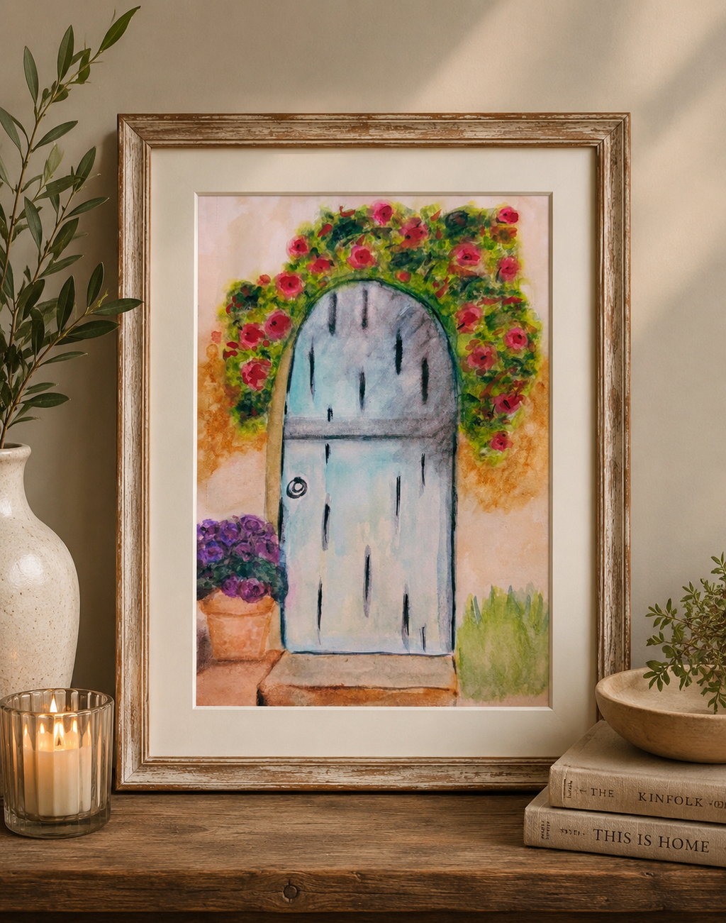 Original Watercolor The Blue Garden Door Painting