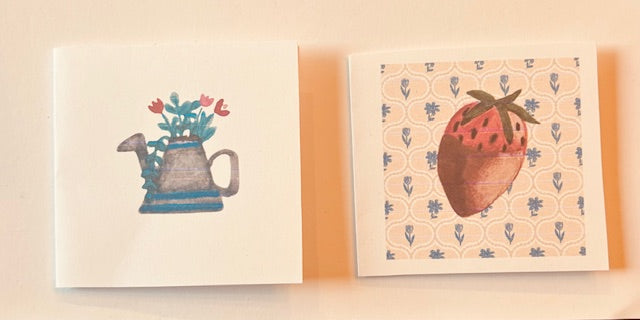Watercolor Mini Greeting Cards ( Water Can + Chocolate Covered Strawberry )- Farmhouse mini greeting cards