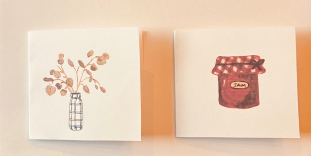 Watercolor Mini Greeting Cards ( Plant in Vase + Jam )- Farmhouse greeting cards