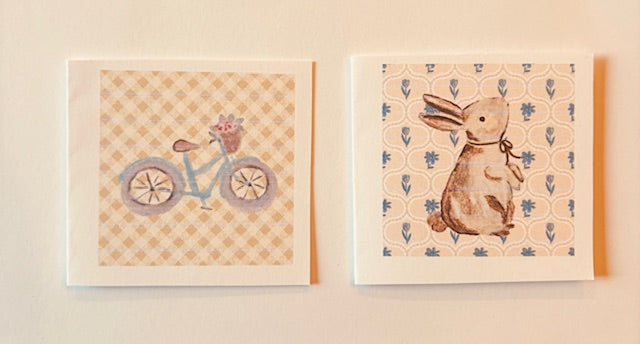 Watercolor Mini Greeting Cards ( Bunny + Bike )- Farmhouse mini greeting cards